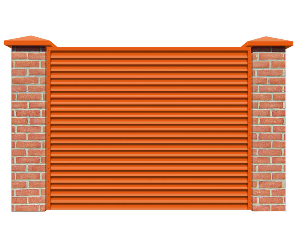 Секция забора жалюзи из ламелей Жалюзи ЭКО-Z RAL2004 Оранжевый с кирпичными столбами анфас