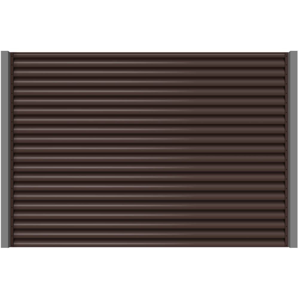 Секция забора жалюзи из ламелей еврожалюзи RAL8017 Коричневый Шоколад с металлическими столбами анфас
